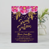 Boho Pink Purple Flowers Sweet 16 Folie Uitnodiging (Staand Voorkant)