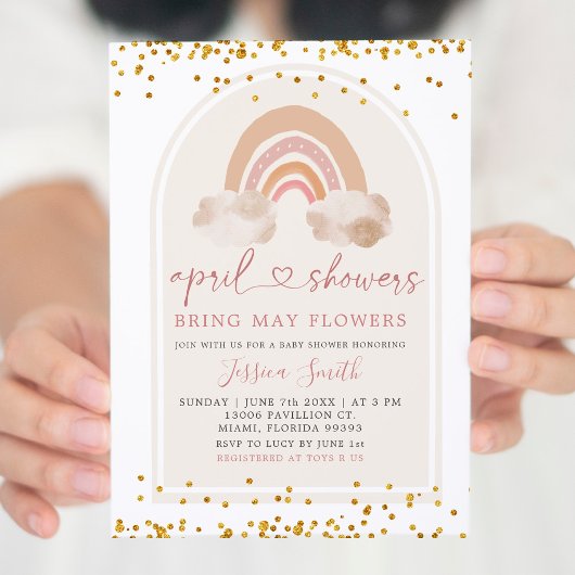 Boho Pink Rainbow April Showers Baby shower Kaart