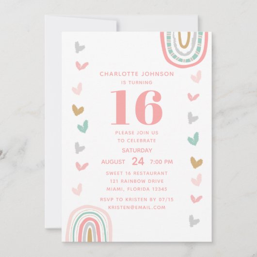 Boho Pink Rainbow Modern 16th Birthday Party Kaart (Voorkant)