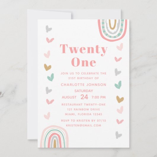 Boho Pink Rainbow Modern 21st Birthday Party Kaart (Voorkant)