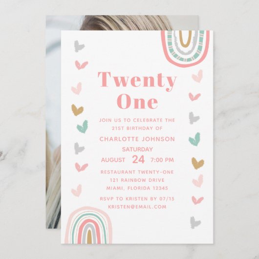 Boho Pink Rainbow Modern 21st Birthday Party Kaart (Voorkant / Achterkant)