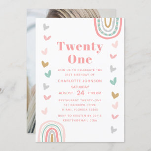 Boho Pink Rainbow Modern 21st Birthday Party Kaart
