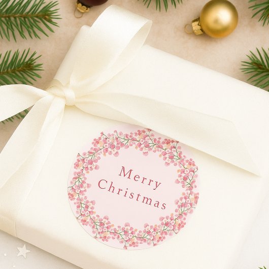 Boho Pink & Red Berry Waterverf Kerstkrans Ronde Sticker