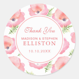 Boho Pink Rose Bloemen Waterverf   Dank u Ronde Sticker