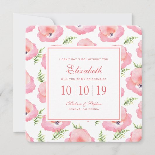 Boho Pink Rose Floral Waterverf - Bridesmaid Kaart (Voorkant)