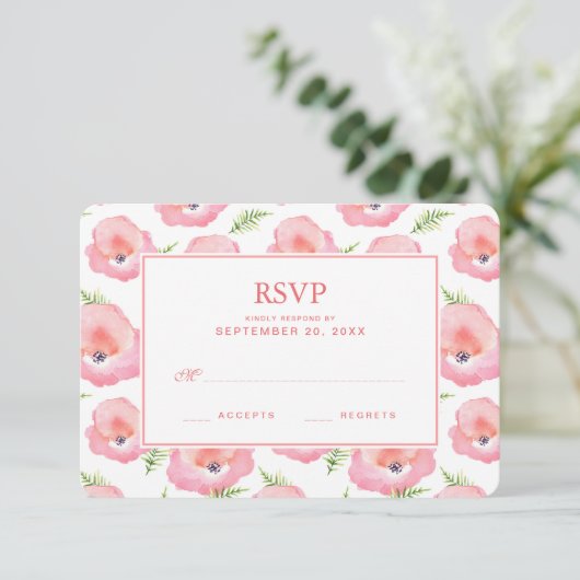 Boho Pink Rose Floral Waterverf - Wedding RSVP Kaartje (Staand voorkant)