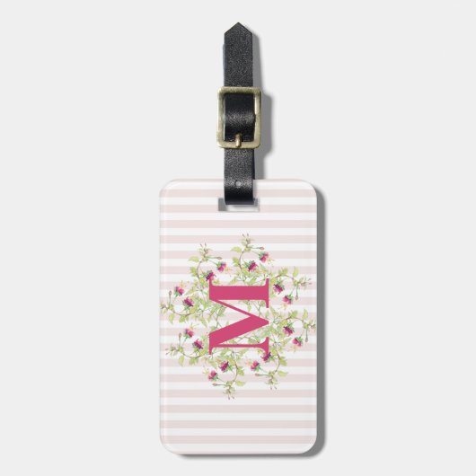 Boho Pink Rose Flowers Monogram Bagagelabel (Voorkant verticaal)