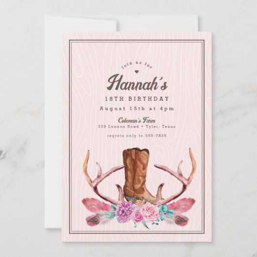 Boho Pink Rustic Cowgirl Boot Verjaardag Kaart (Voorkant)
