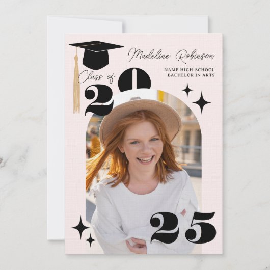 Boho Pink Stars Modern 4-foto Afstuderen Kaart (Voorkant)
