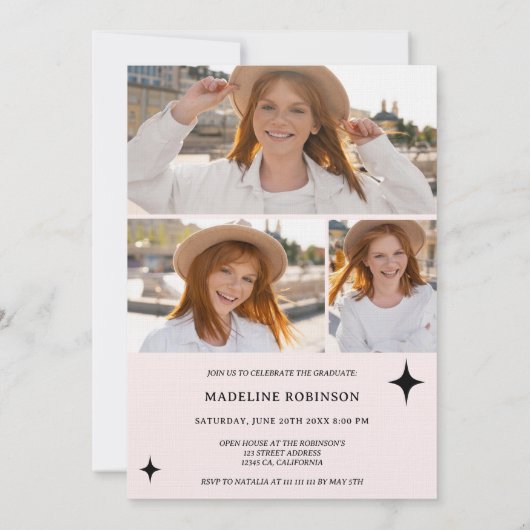 Boho Pink Stars Modern 4-foto Afstuderen Kaart (Achterkant)