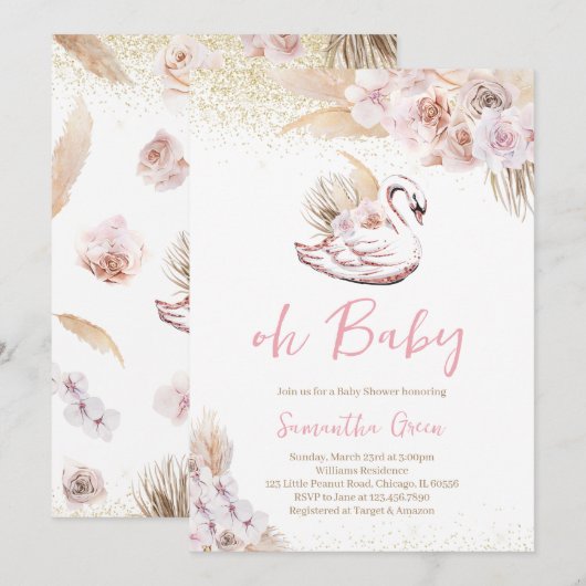 Boho Pink Swan Baby shower Kaart (Voorkant / Achterkant)