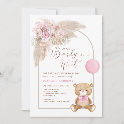 Boho Pink Teddy Bear Ballon Pampas Baby Girl Kaart (Voorkant)