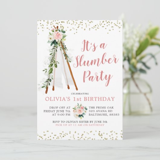 Boho Pink Teepee Slumber Party Birthday Uitnodigin Kaart (Staand voorkant)