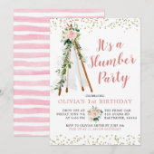 Boho Pink Teepee Slumber Party Birthday Uitnodigin Kaart (Voorkant / Achterkant)