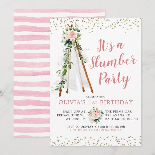 Boho Pink Teepee Slumber Party Birthday Uitnodigin Kaart (Voorkant / Achterkant)