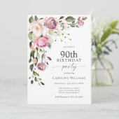Boho Pink Watercolor Floral 90th Birthday Party Kaart (Staand voorkant)