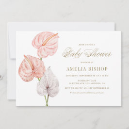 Boho Pink Waterverf Anthuriums Gold Baby shower Kaart