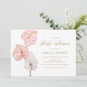 Boho Pink Waterverf Anthuriums Gold Baby shower Kaart (Staand voorkant)