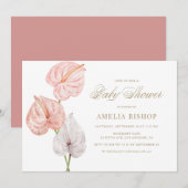 Boho Pink Waterverf Anthuriums Gold Baby shower Kaart (Voorkant / Achterkant)