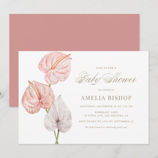 Boho Pink Waterverf Anthuriums Gold Baby shower Kaart (Voorkant / Achterkant)