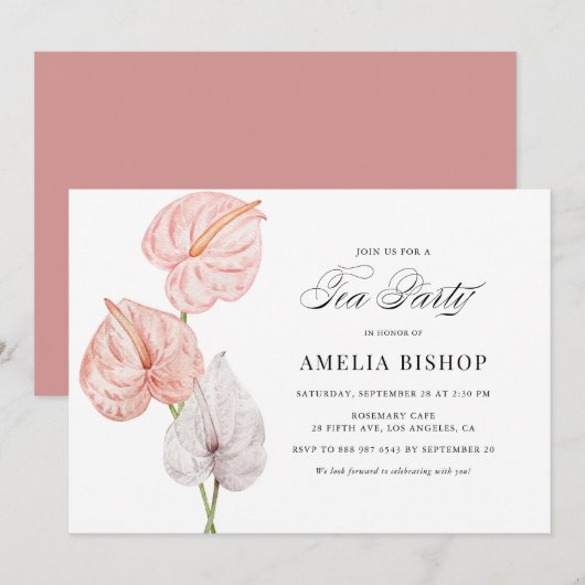 Boho Pink Waterverf Anthuriums Tea Party Kaart (Voorkant / Achterkant)