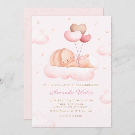Boho Pink Waterverf Cute Balloon Baby shower Kaart (Voorkant / Achterkant)