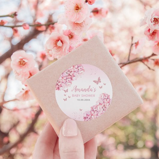 Boho Pink Waterverf Floral Butterfly Baby shower Ronde Sticker