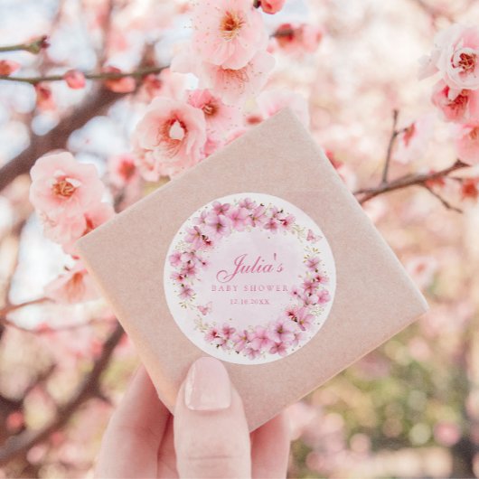 Boho Pink Waterverf Floral Butterfly Baby shower Ronde Sticker