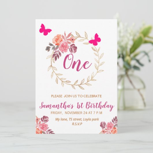 Boho Pink Waterverf Floral eerste verjaardag Kaart (Staand voorkant)