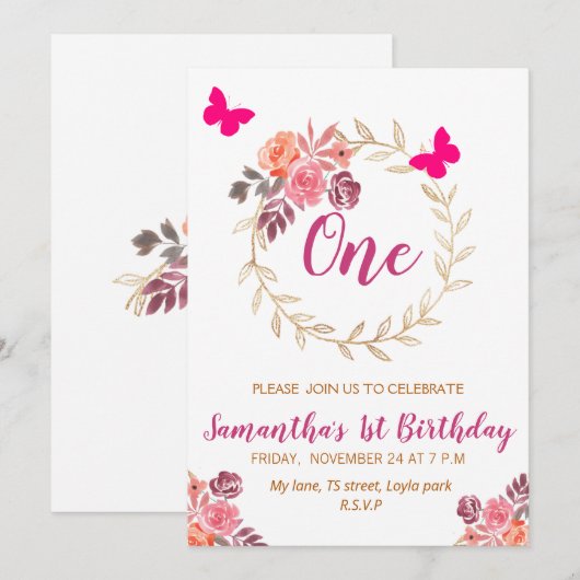 Boho Pink Waterverf Floral eerste verjaardag Kaart (Voorkant / Achterkant)