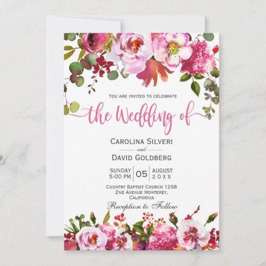 Boho Pink Waterverf Floral Typography Wedding Kaart (Voorkant)