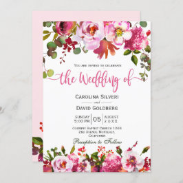 Boho Pink Waterverf Floral Typography Wedding Kaart