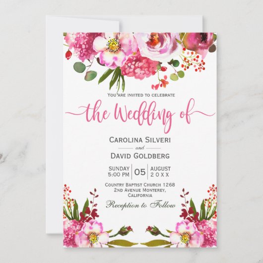 Boho Pink Waterverf Floral Typography Wedding Kaart (Voorkant)