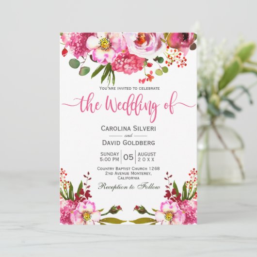 Boho Pink Waterverf Floral Typography Wedding Kaart (Staand voorkant)