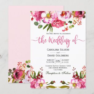 Boho Pink Waterverf Floral Typography Wedding Kaart