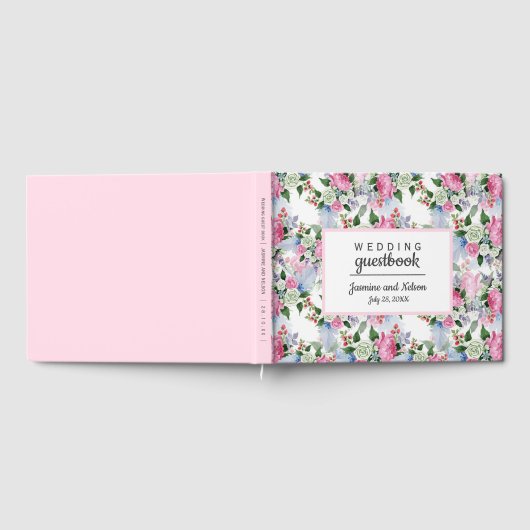 Boho Pink White Blue Wedding Personalized Flower Gastenboek (Volledig)