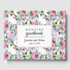 Boho Pink White Blue Wedding Personalized Flower Gastenboek