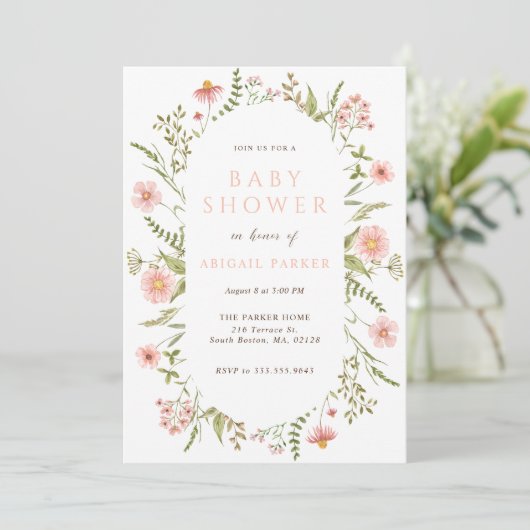 Boho Pink Wildflower Baby shower Invitation Kaart (Staand voorkant)