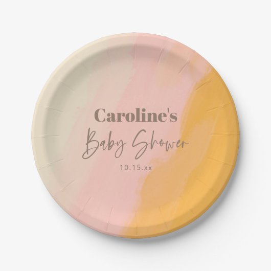 Boho Pink Yellow Script Custom Baby Shower   Papieren Bordje (Voorkant)