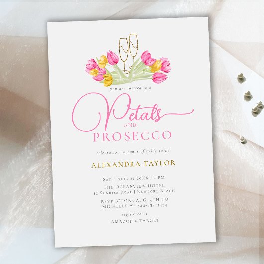Boho Pink Yellow Tulip Gold Petals Prosecco Bridal Kaart