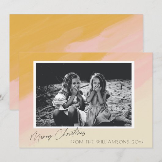 Boho Pink Yellow Waterverf Kerstmis Aangepaste fot Feestdagenkaart (Voorkant / Achterkant)