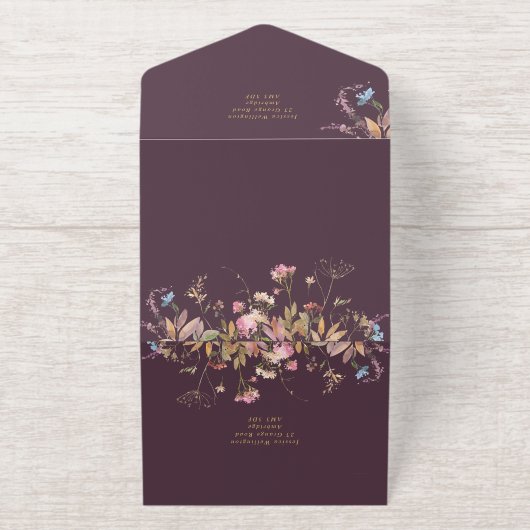Boho Plum & Gold Wildflower Frame Wedding All In One Uitnodiging (Buiten)