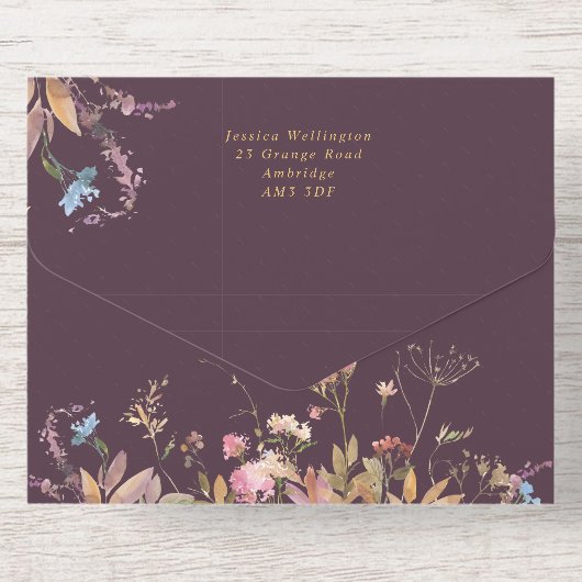 Boho Plum & Gold Wildflower Frame Wedding All In One Uitnodiging (Achterzijde)