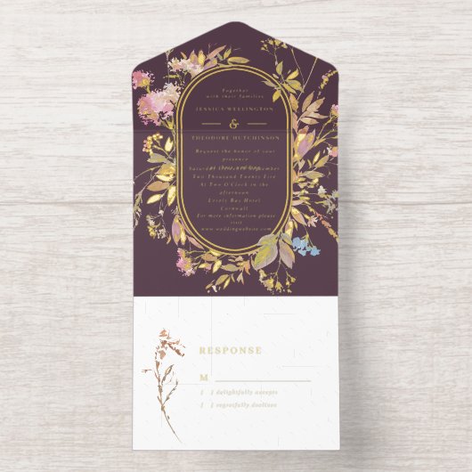 Boho Plum & Gold Wildflower Frame Wedding All In One Uitnodiging (Binnenkant)