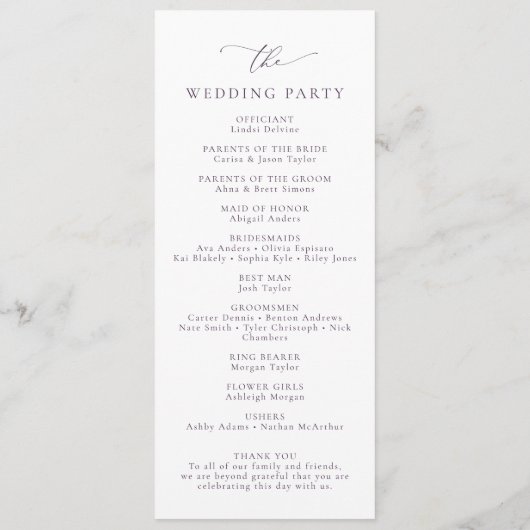 Boho Plum Paarse elegante minimalistische bruiloft Programmakaart (Achterkant)