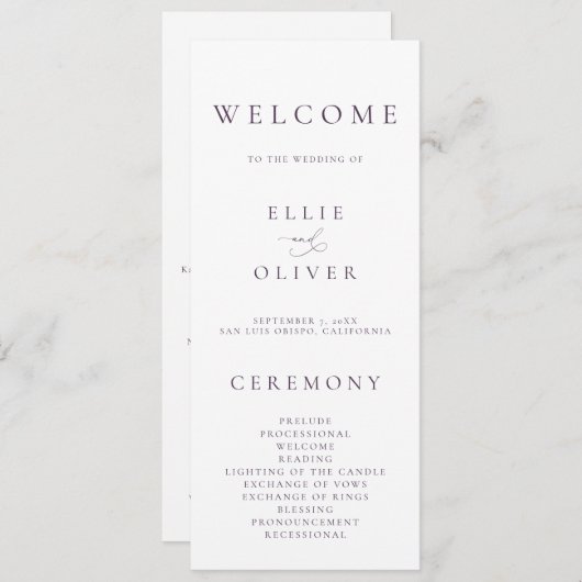 Boho Plum Paarse elegante minimalistische bruiloft Programmakaart (Voorkant / Achterkant)