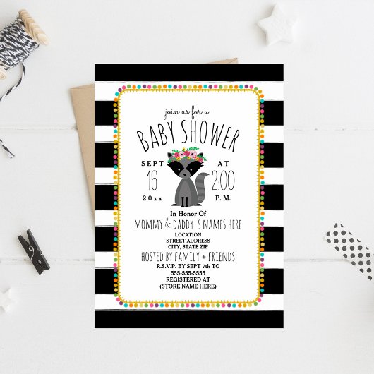 Boho Pom Poms + Strepen Wasbeer Baby shower Kaart