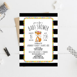Boho Pom Poms + Stripes Fox Baby shower Kaart