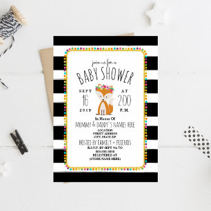 Boho Pom Poms + Stripes Fox Baby shower Kaart