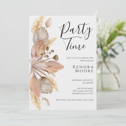 Boho Pompas grass Birthday uitnodiging voor elke l (Staand voorkant)